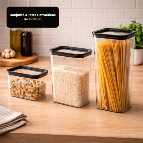 Potes Herméticos Plástico 750ml 1700ml 2600ml 3 Peças Transparente TOP RIO