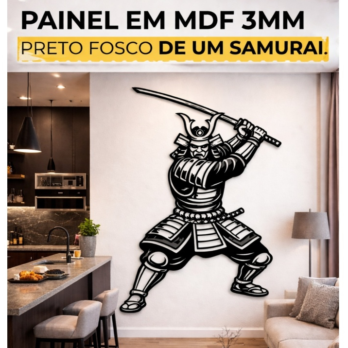 Samurai: Quadro Samurai Painel Decorativo MDF Preto Parede Sala Quarto Katana Arte Japonesa