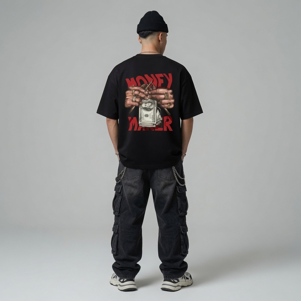 Camiseta masculina Money maker casual estampada nas costas Seu Drop Streetwear ou Oversized camisa casual para sair