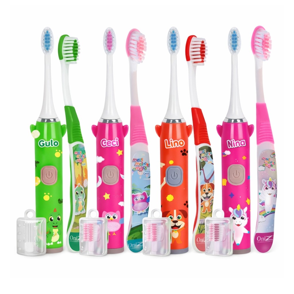 Kit Escova Dental Infantil Elétrica + Manual + Capa protetor Viagem Escolar