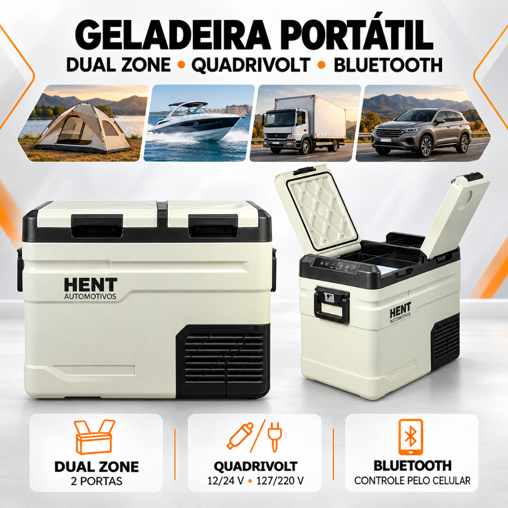 Geladeira Portátil Quadrivolt 45L duplex dual zone com Bluethooh 12v/24v 127/220v para Camping, Caminhão, Motorhome