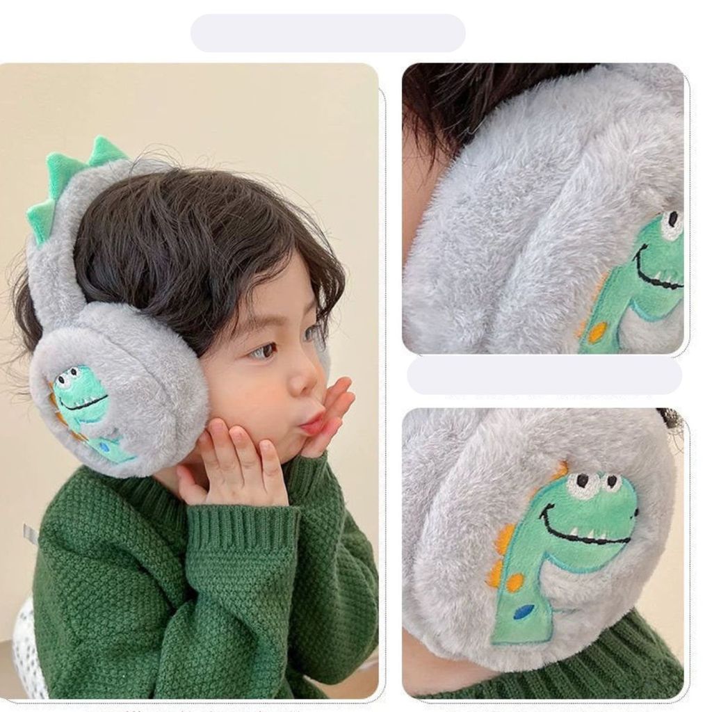 Protetor de Orelha Infantil Dinossauro Masculino Dobrável Inverno Quentinho Azul Cinza