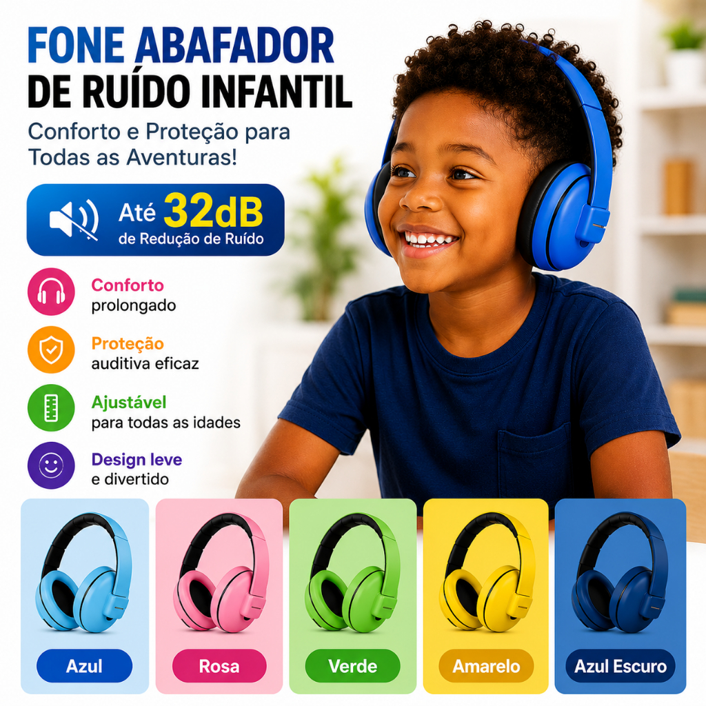 Protetor Auricular Abafador de Ruído 32dB Infantil  Autismo TEA TDAH Ajustável Confortável