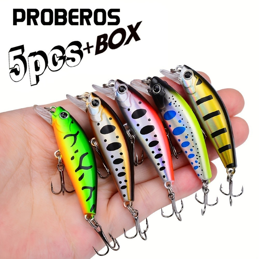 Proberos 5pcs Professional Fishing Lures Sinking Minnow with Feather Treble Hook 5.6cm/2.2inch Artificial Hard Bait**--