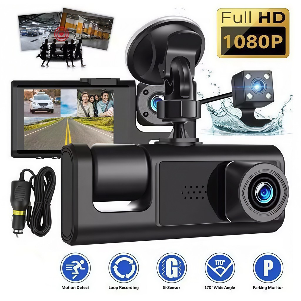 Gravador de Vídeo Veicular Triplo Canal Full HD 1080P | 3 Lentes para 360° Proteção Total do Carro