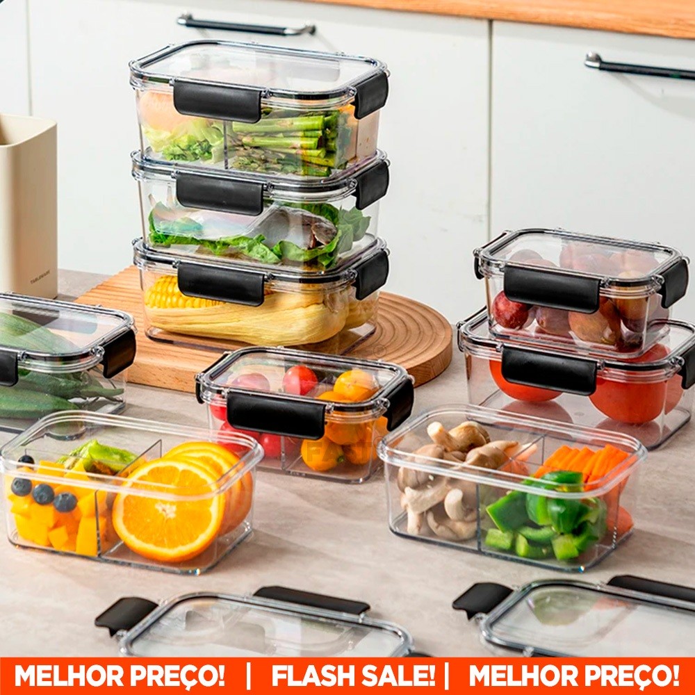 Kit 6 Potes Pote Hermético Acrílico Organizador de Geladeira Tampa Alta Vedação em Silicone Organiza Marmita e Armário
