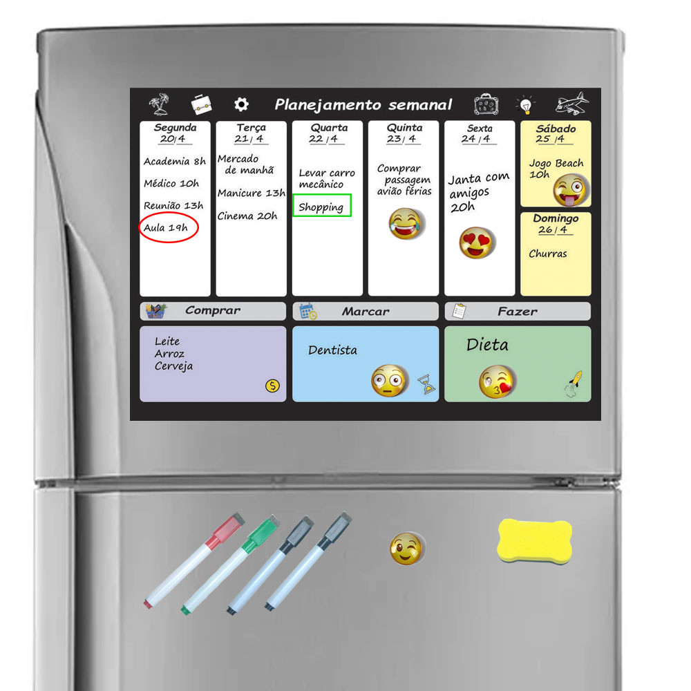 Planner semanal planejador magnético geladeira com 6 emoticons 4 canetas e apagador com imã controle rotina da semana