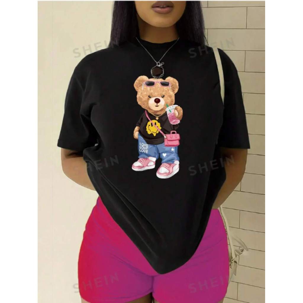 Camiseta Feminina urso drip Streetwear T-shirt Camisa Blogueira Style Gola Redonda Algodão