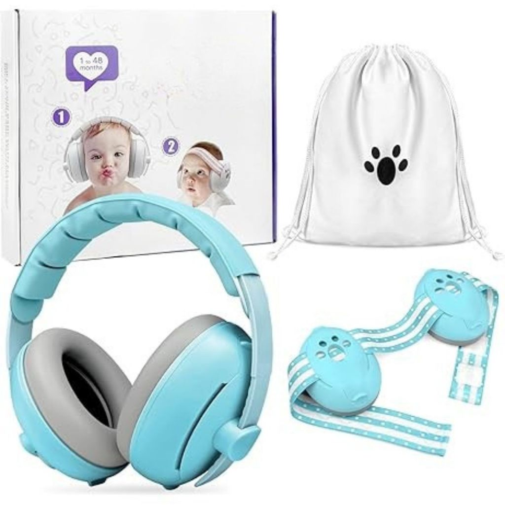 Protetor Abafador Som Bebê Ruído Neném Criança de 0 a 4 anos 2 em 1 Azul Menino Faixa Almofada Ajustável Conforto TEA