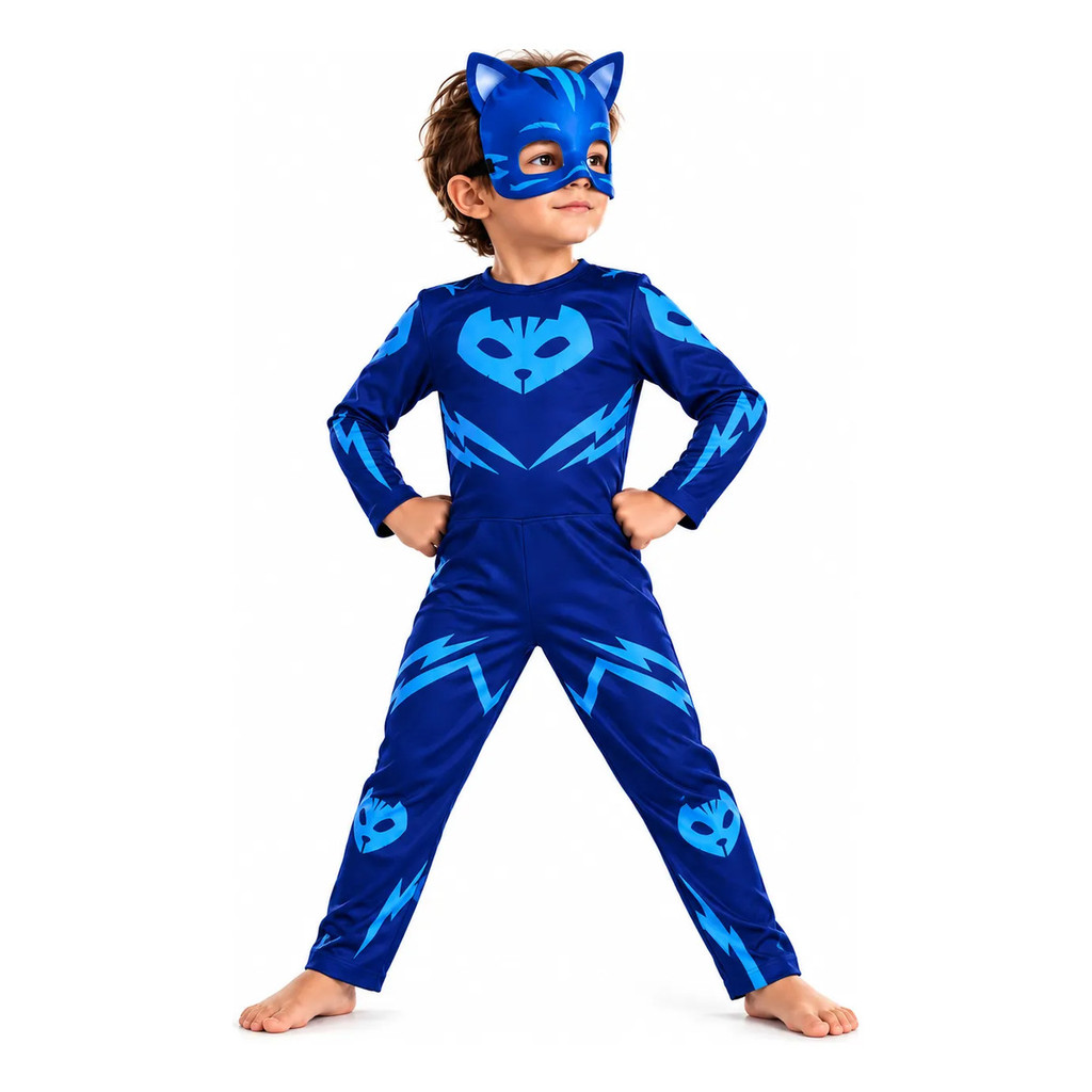 Fantasia Infantil Menino Gato Catboy PJ Masks Completa Longa com Máscara Roupa de Super-Herói para Festa Aniversário Car