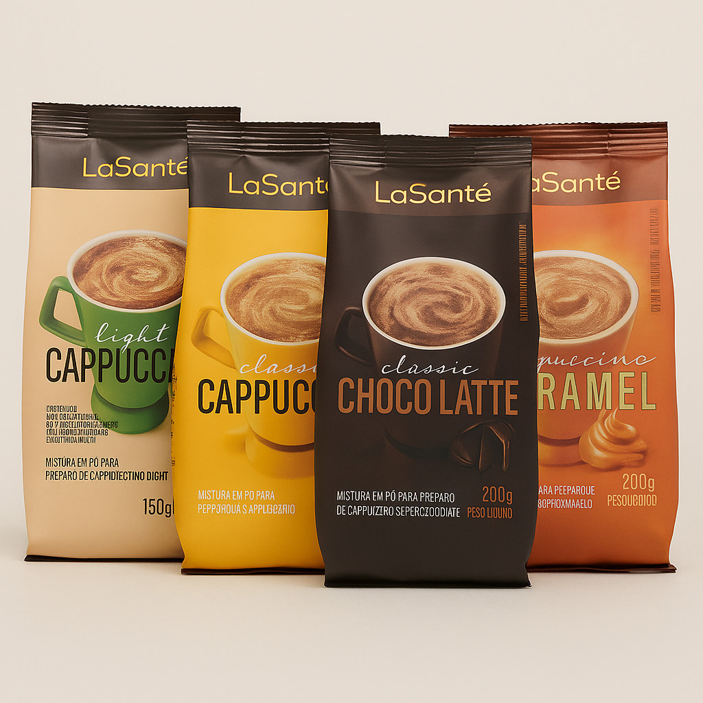 Kit Cappuccino La Santé Café Cremoso Premium Sabores Classico, Chocolate, Caramel e Light | 150g a 200g Envio Imediato