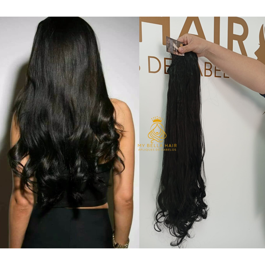 Cabelo Ondulado Humanizado 70/75cm Preto Fibra Russa Tic Tac 2 Telas 150grs Europeu