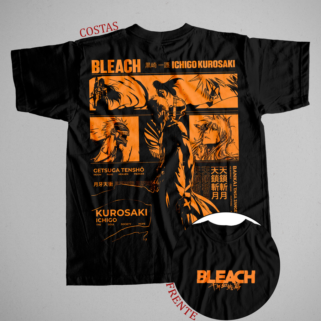 Camiseta Bleach Ichigo Kurosaki Bankai Anime 100% Algodão Masculina Plus Size