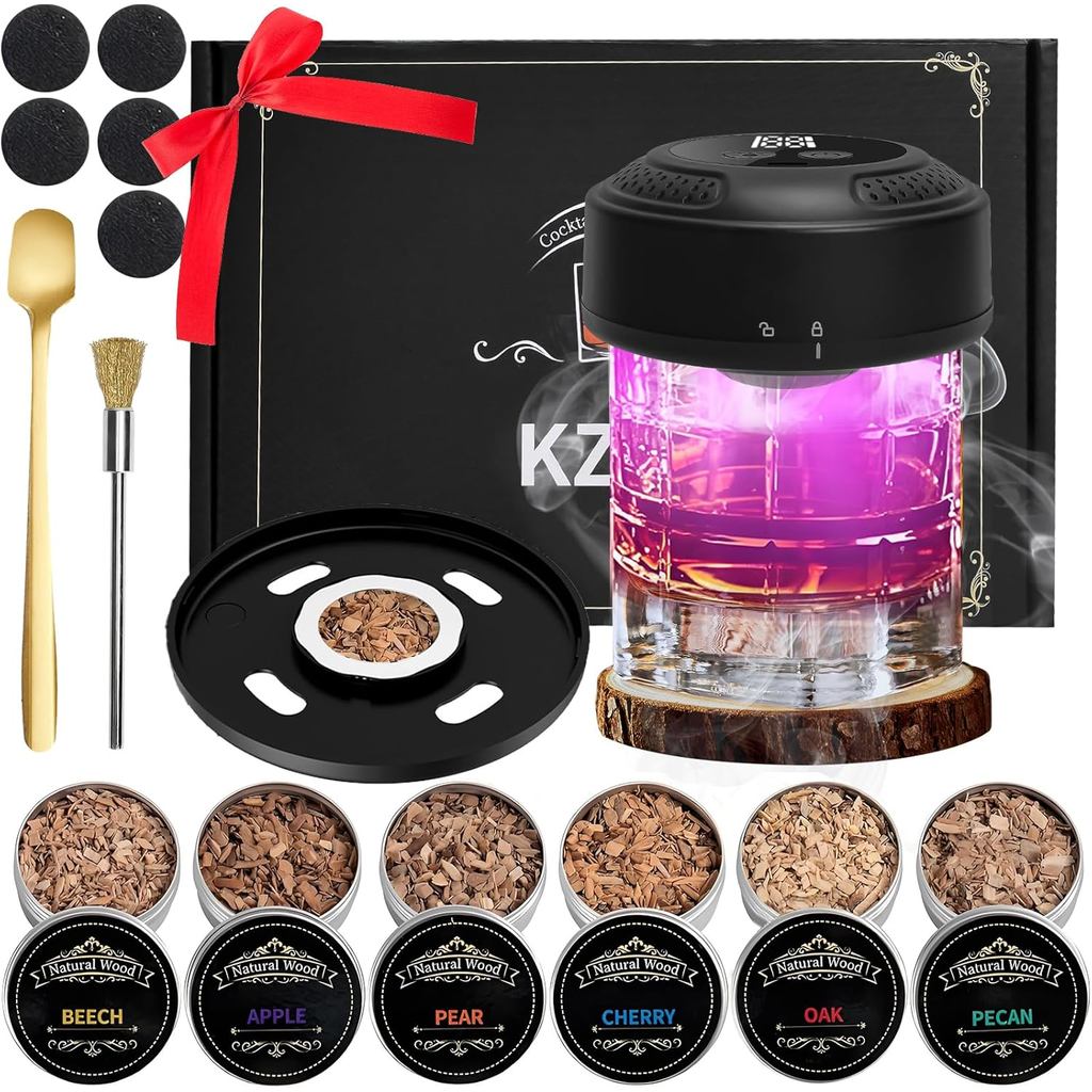 Electric Whiskey Smoker Kit for 7-Color Lights, 6 Flavors Wood Chips Cocktail Shaker for Bartender Kit with Sphere Ice M