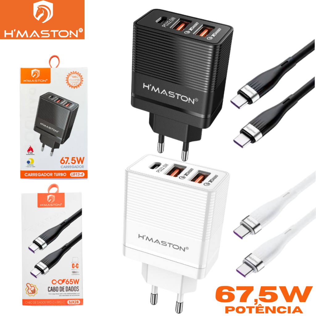 Carregador Turbo Tipo-C 67,5W para Celular 3 Saídas 2X-USB-A + 1X-USB-C LR13-4 Bivolt- H'Maston