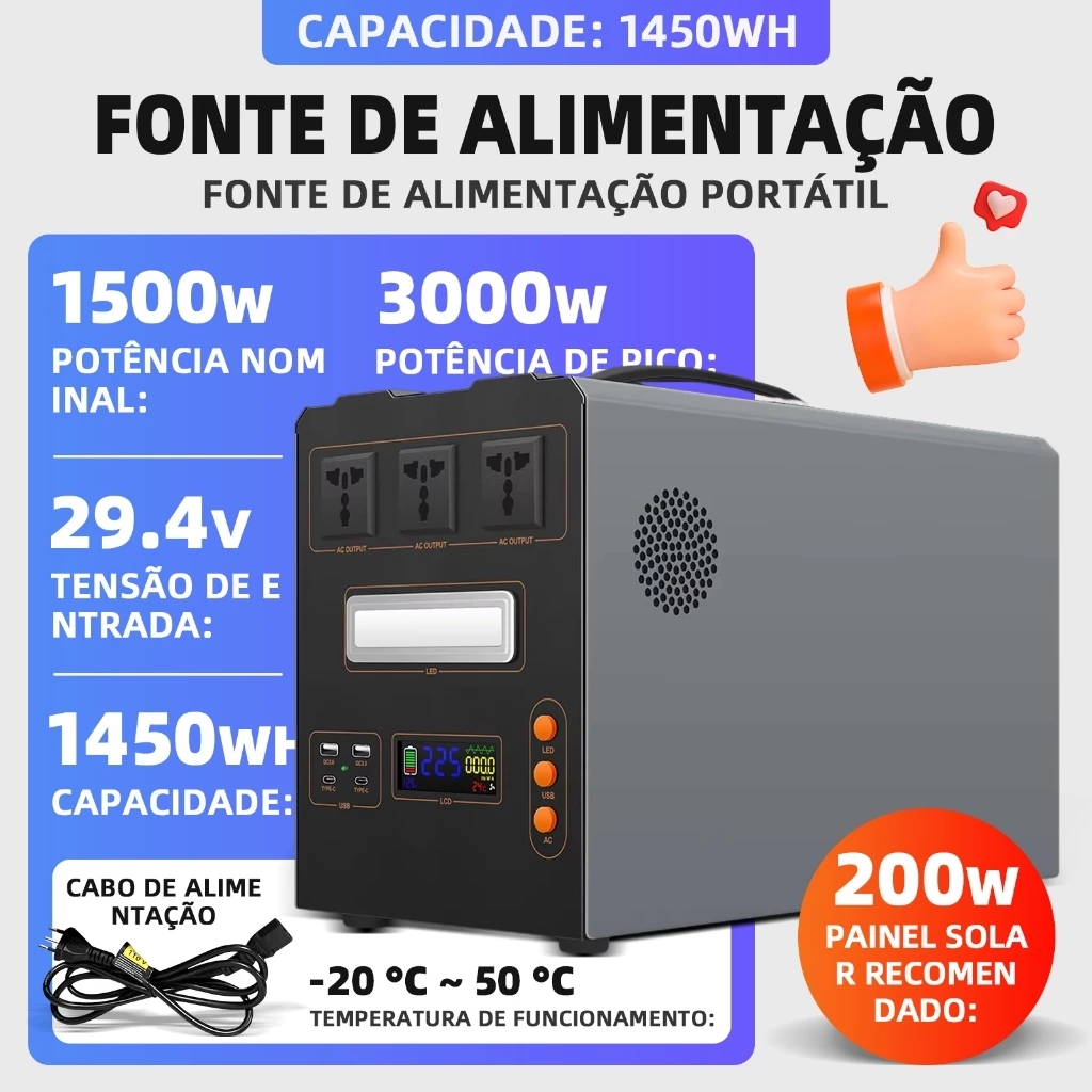 Estação de Energia Portátil 1500W - Saída Dual 110V/220V, USB-C Rápido e LED, 600W-1500W