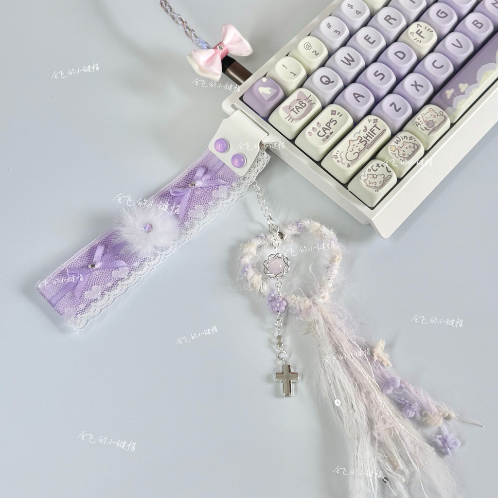 Fita de teclado de renda roxa bola de pelúcia amor coração Original feito à mão wooting made68 wooting made68