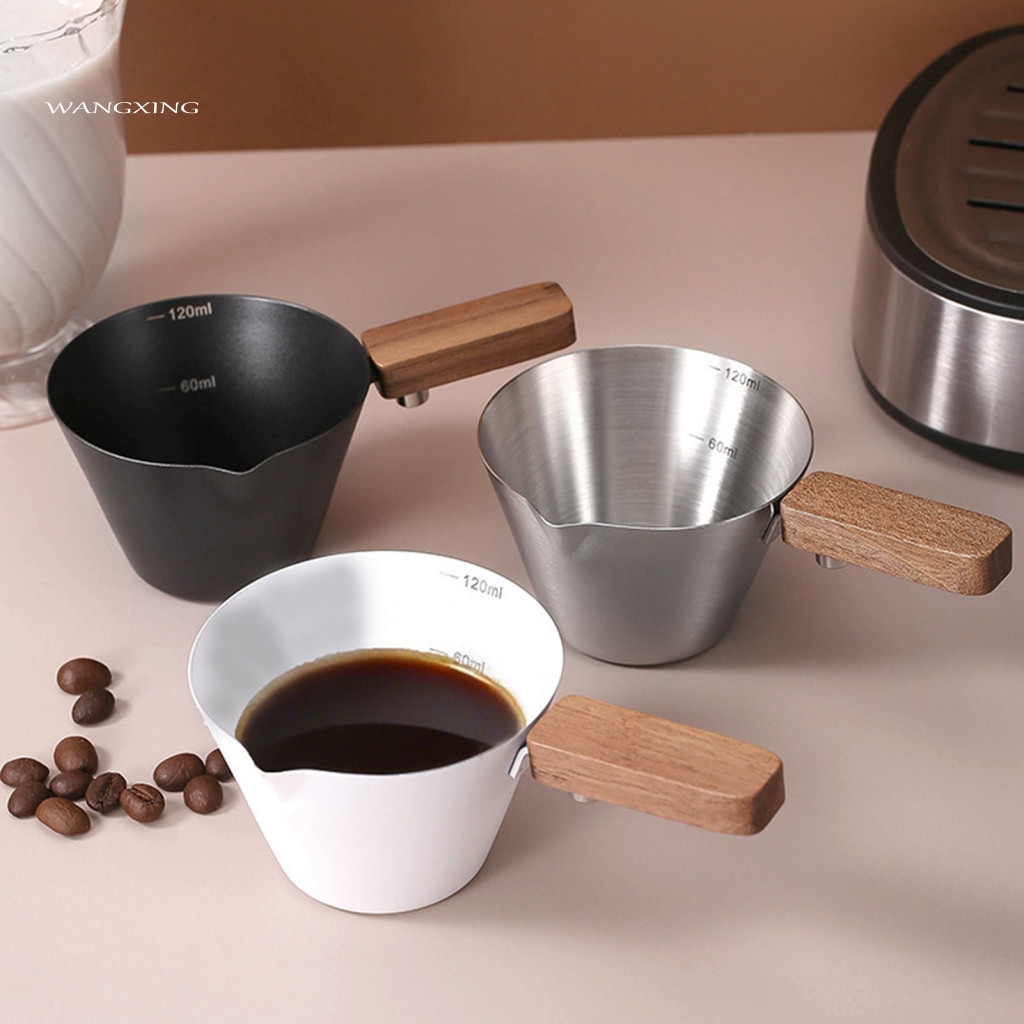 Coffee Extraction Pitcher Stainless Steel Shot Glass Espresso Liquid Cup 120ml with Walnut Handle – Measuring for