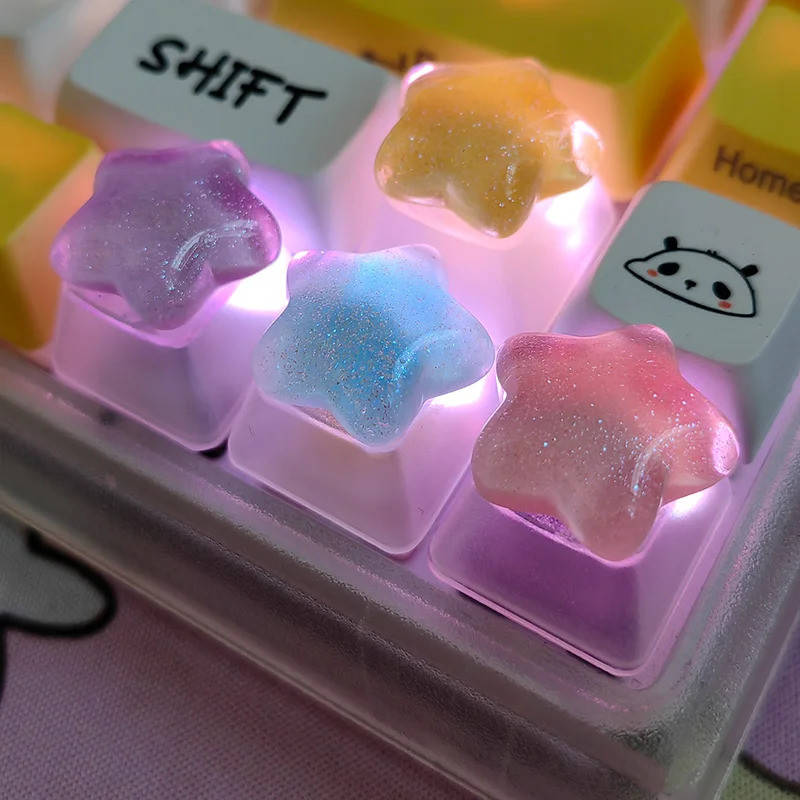 4pc Estrela Keycaps Azul Rosa Translúcido Linda Menina Presente Personalizado Keycap Para MX Switch Teclado Mecân