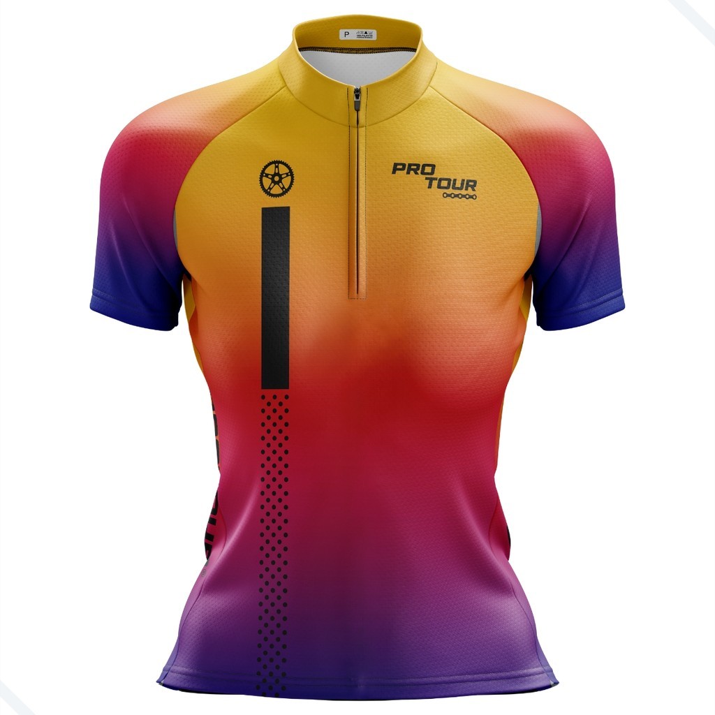 Camisa Ciclismo Feminina Dry Fit com Proteção UV Bike MTB Speed Pro Tour Degradê com Bolsos
