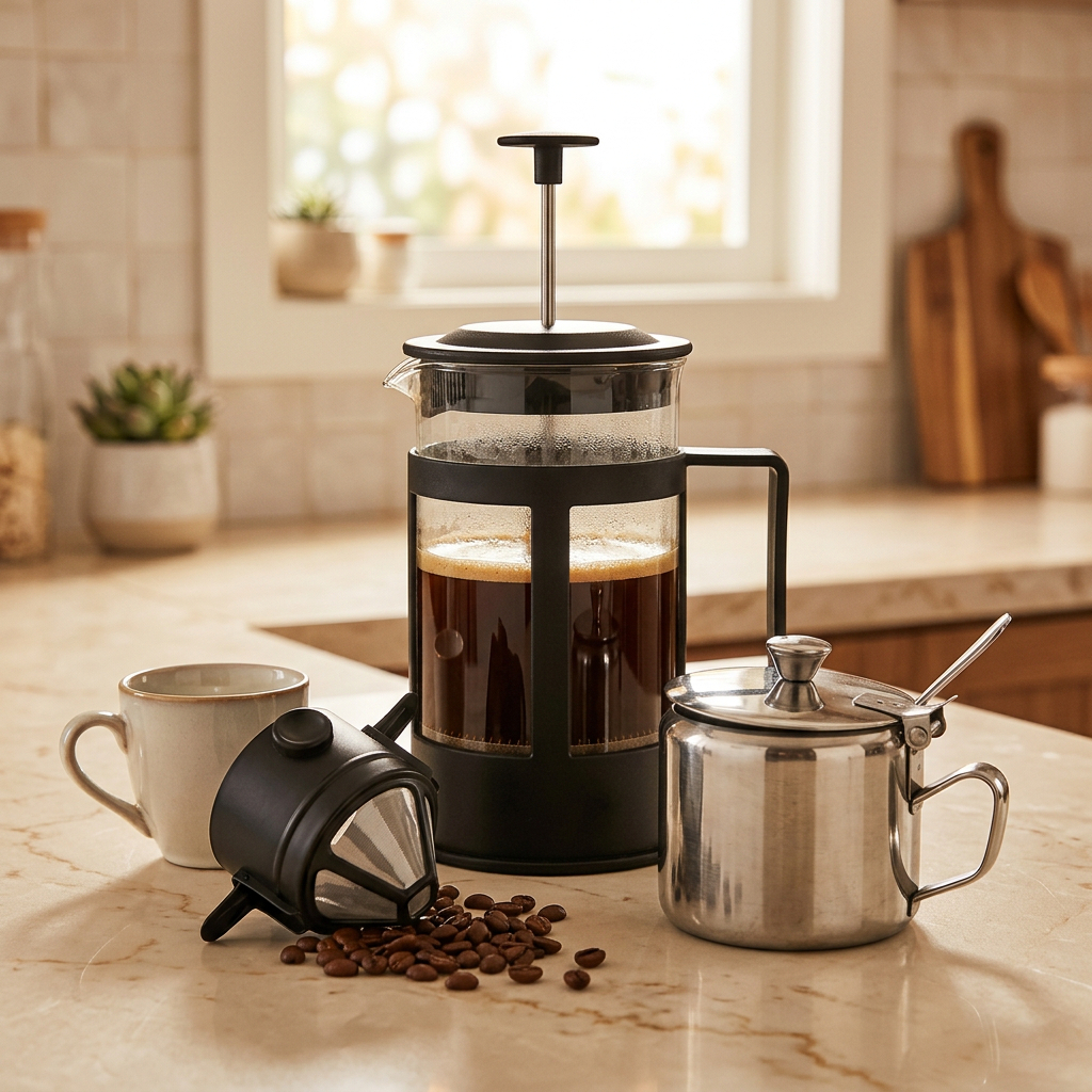 Kit Cafeteira Francesa 600ml + Mini Filtro Coador Reutilizável + Açucareiro Inox com Colher 220ml
