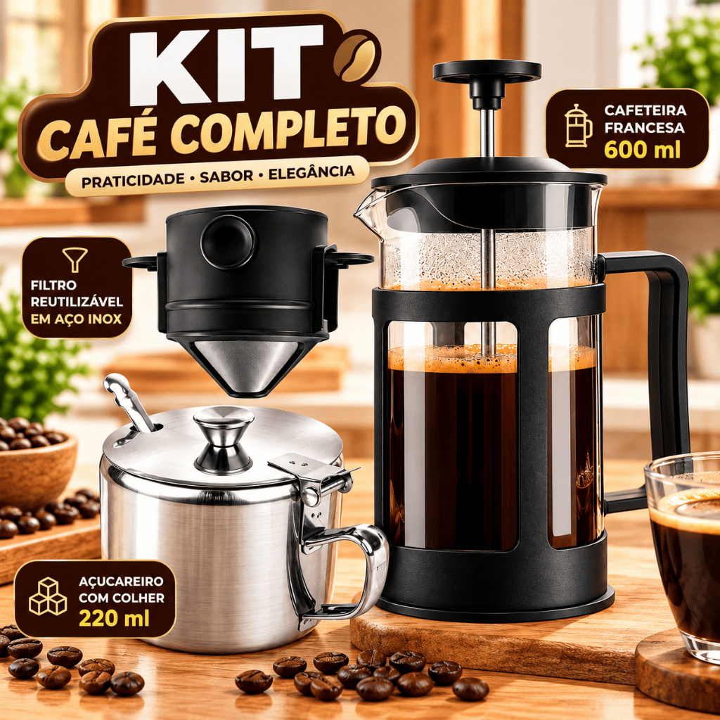 Kit Café da Manhã Cafeteira Francesa + Mini Filtro Reutilizável + Açucareiro Inox com Colher