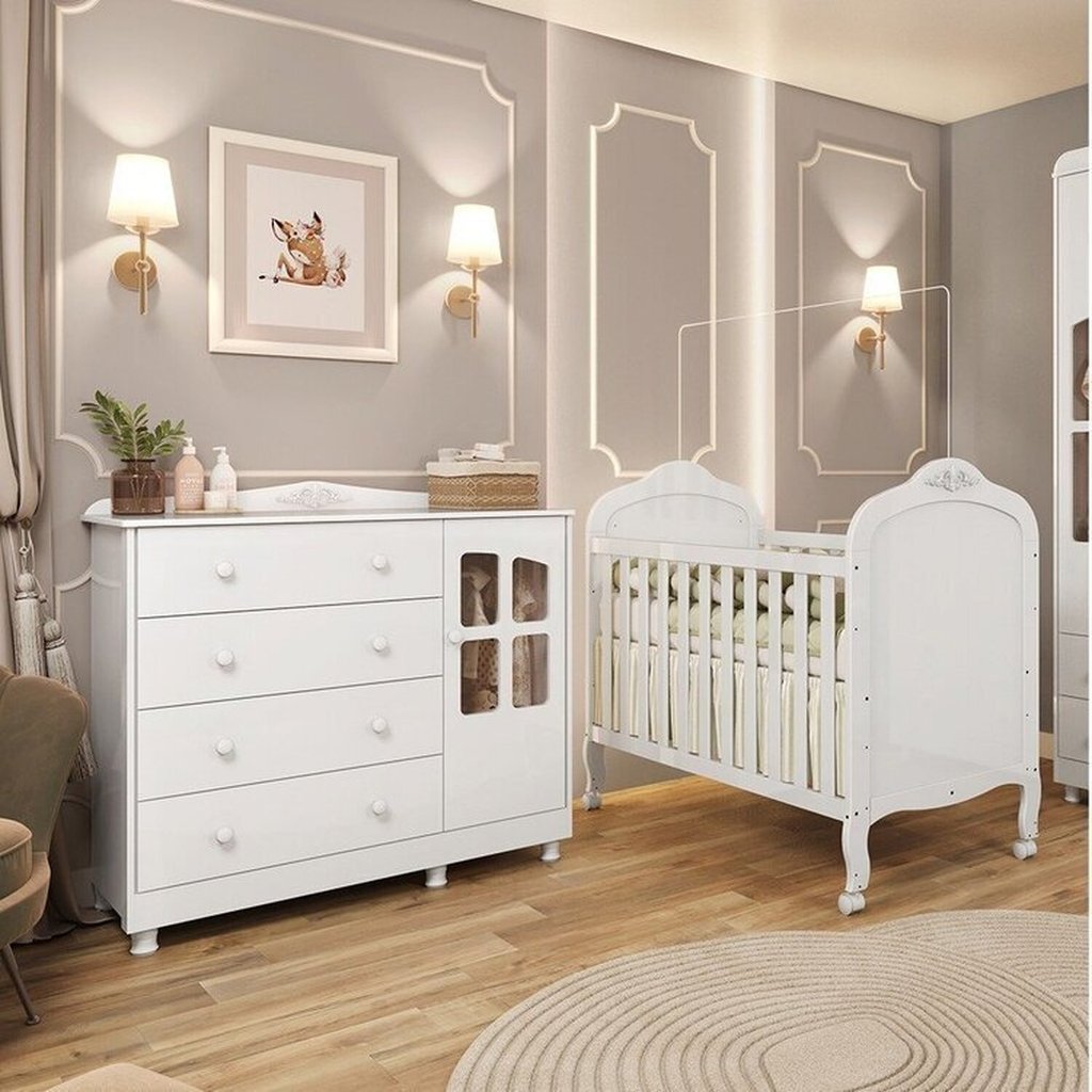 Quarto de Bebê com Berço Mini Cama e Cômoda com Janela Maya Clássico Espresso Móveis Branco/Brilho Branco/Brilho