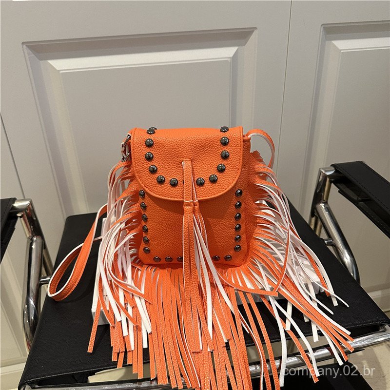 European and American style tassel bag, vintage personalized studded phone bag, shoulder and crossbody bag, versatile sm