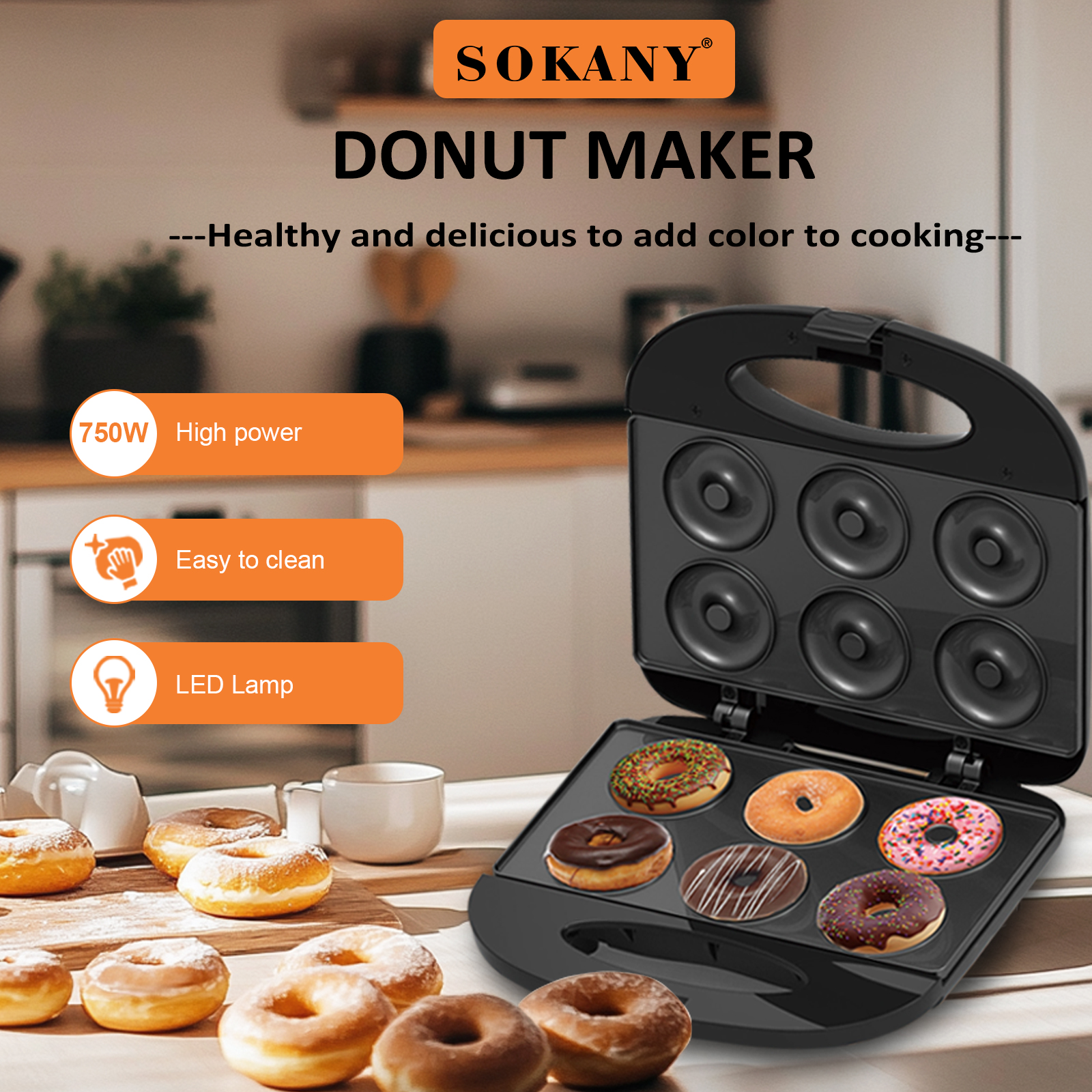 SOKANY 08042 Donut Maker. 750W de aquecimento dupla face, placa de alumínio com revestimento antiaderente natural e