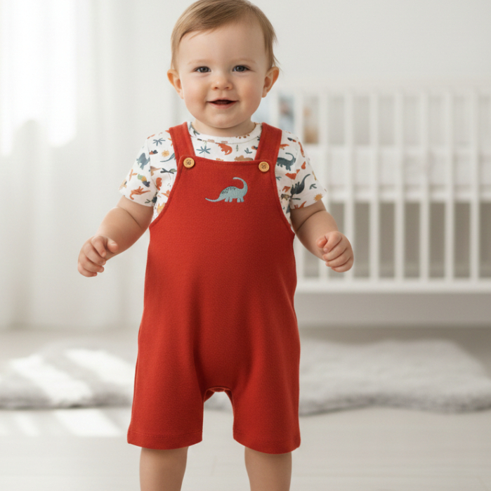 Conjunto  Jardineira Bordada e Camiseta em Algodão Egípcio para bebês  Meninos e Meninas de 0 a 12 meses  - Mini Bear