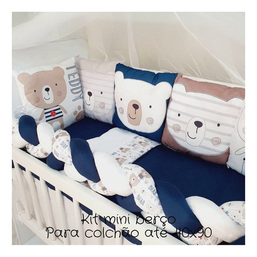 Kit Para Mini Berço Almofadinhas 12 Peças + Saia - Tedy Bear