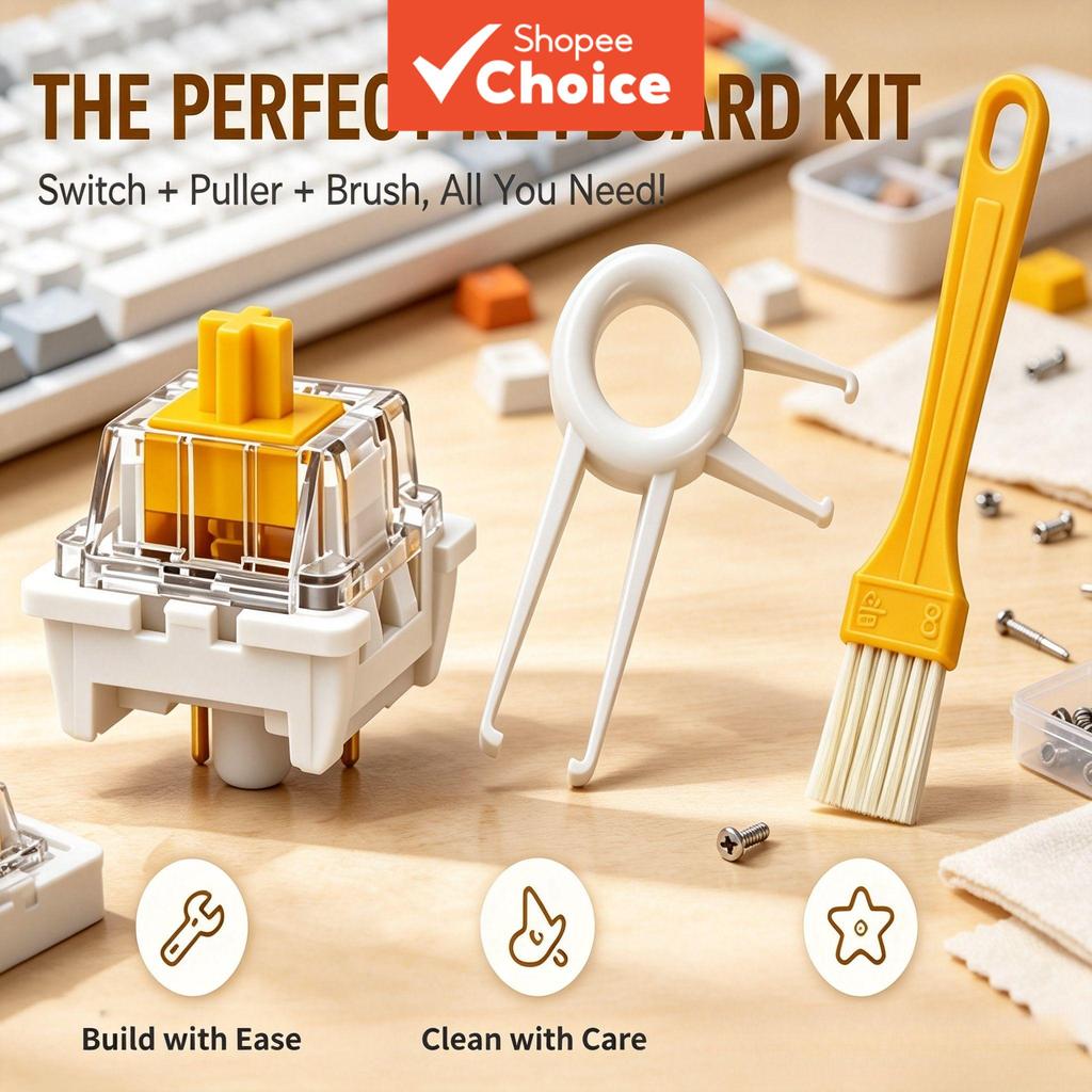 ITLY Premium Silent Golden Yellow Linear Switch Set | Interruptor MX Cross + Extrator de teclas + escova de limpeza para