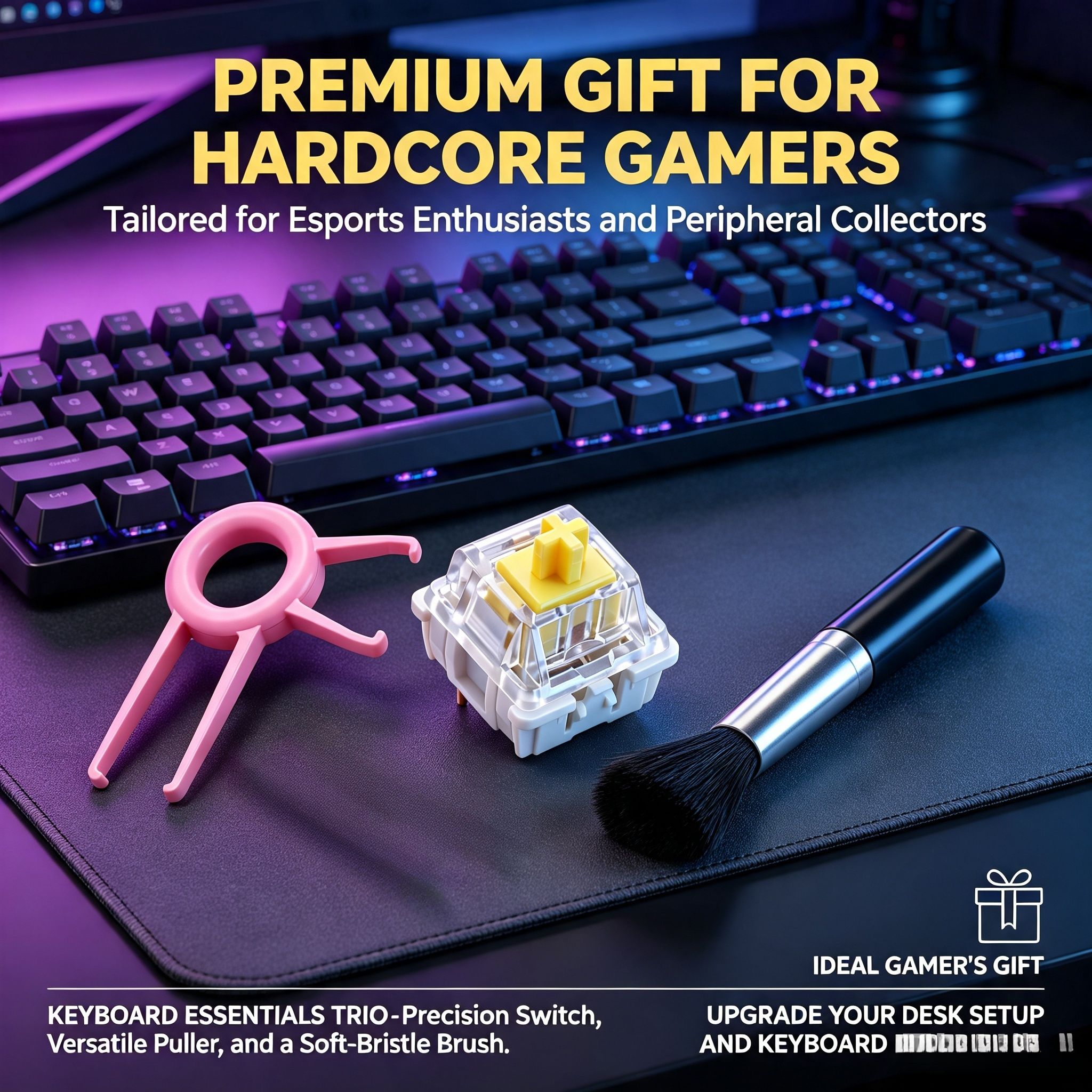Teclado Mecânico Switch Linear Amarelo Dourado Cross 3 Pinos MX com Extrator de Teclas 2 em 1 e Escova de Limpeza para