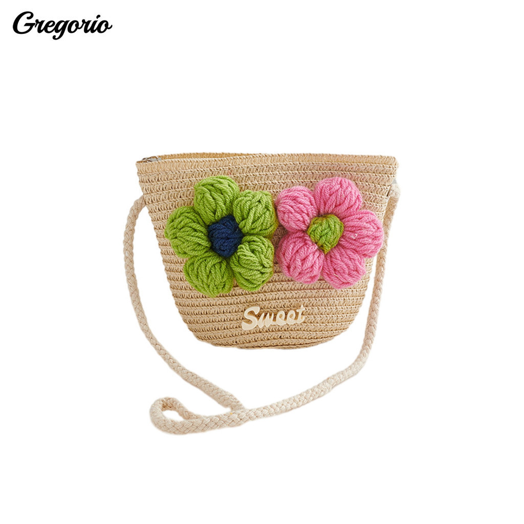 Crochet Design Bag Handmade Straw Crossbody for Girls – Lightweight 3d Flower Shoulder Purse Perfect Snack for Toddler