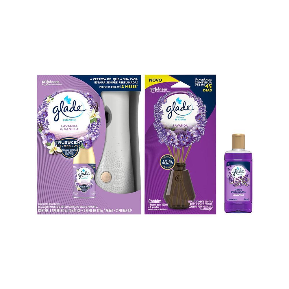 Kit Glade Lavanda Odorizador Automatic com Refil 269ml + Difusor 100ml + Odorizador Gotas Perfumadas 120ml