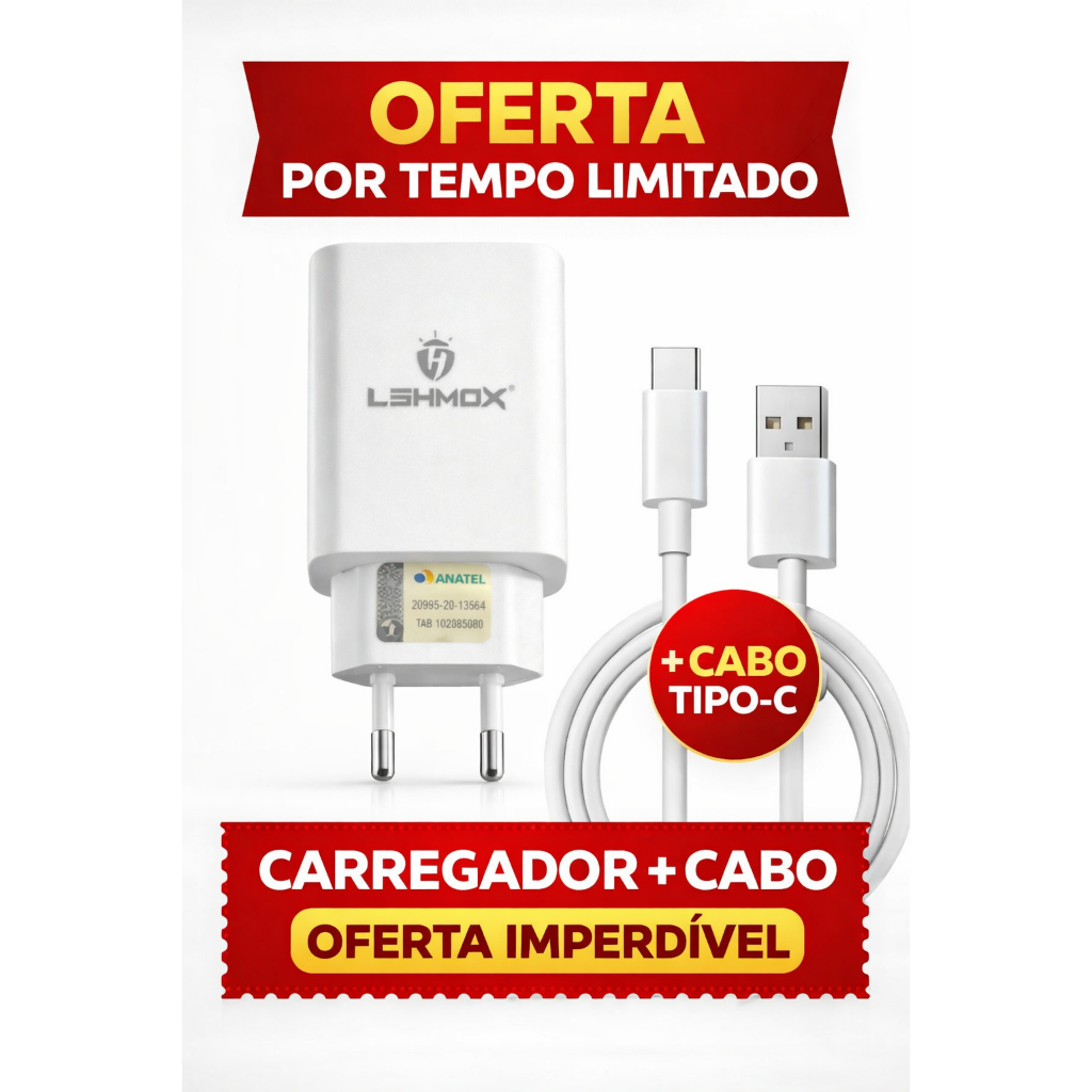 Carregador Tipo C Turbo Tipo C 3.1A + Cabo Reforçado | Carregamento Rápido | Compatível com Android | Envio Rápido!