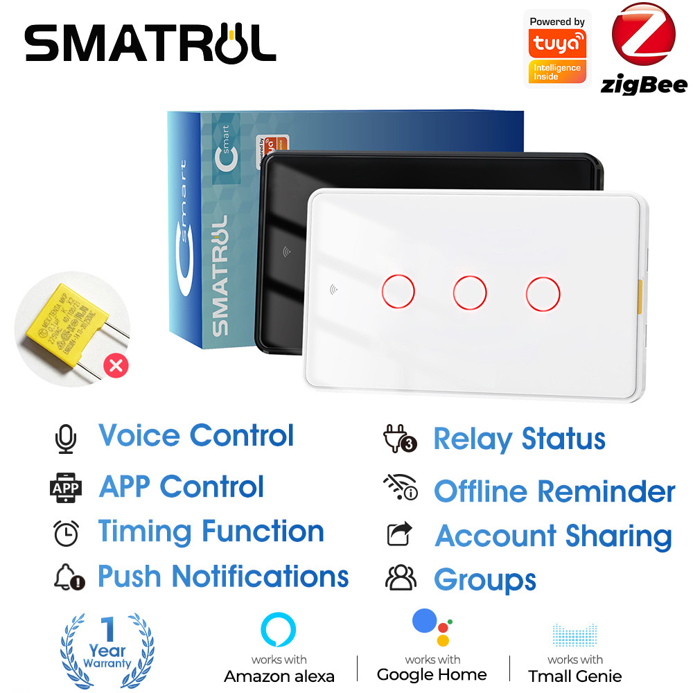 SMATRUL Tuya Zigbee Interruptor Inteligente De Toque De Luz Sem Neutro Relé Magnético De Parede De Fio US 100-250v Aplicativo De Voz Tmall Genie , Alexa , Google Home Necessidade De Capacitor