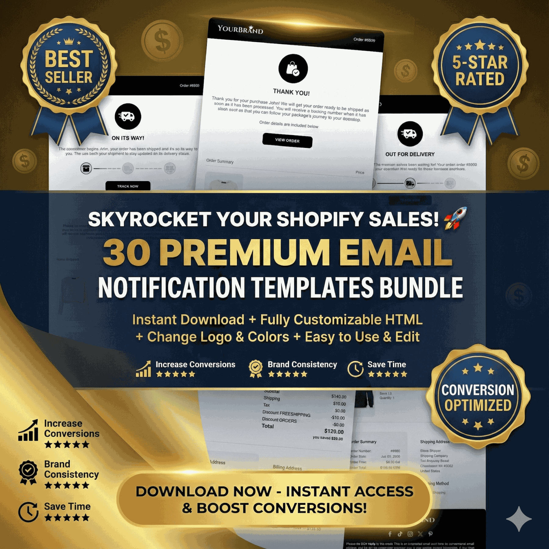 Shopify Email Notification Templates - Customizable & Professional Designs for Your Shopify Store, Easy and Ready To Use, Copy-Paste HTML