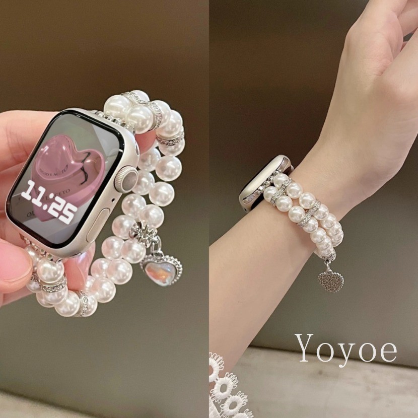 Pulseira De Corrente Com Elasticidade De Pedra De Jade De Pérola De Coração De Amor Para Apple Watch Série 10 45mm Ultra 2 49mm 44mm 45mm 42 40 41 38 MM Joias Iwatch 9 Se 5 6 8 7 4 3 Strap