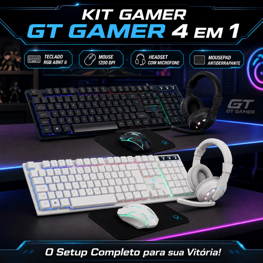 KIT GAMER 4 EM 1 TECLADO + MOUSE + HEADSET + MOUSE PAD GT GAMING