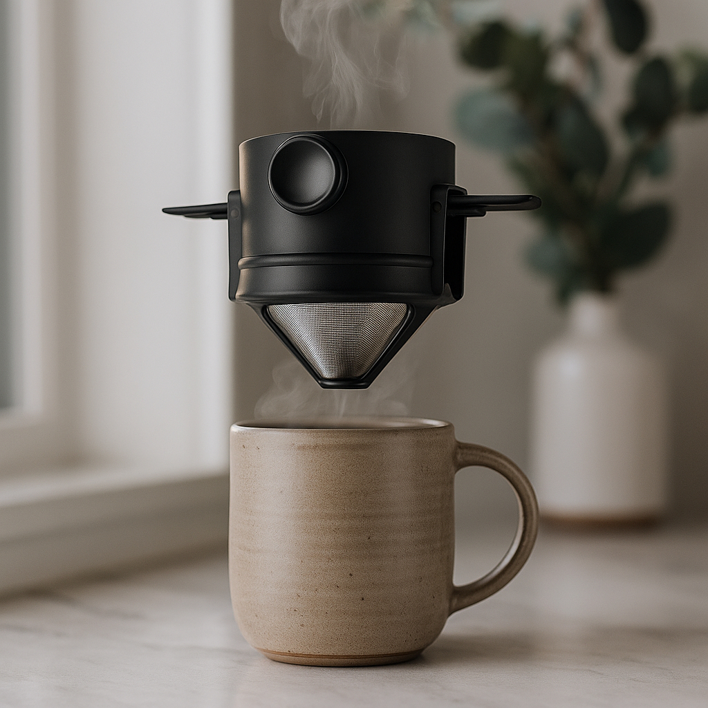 Mini Coador de Café Portátil Individual Filtro Inox Reutilizável Suporte Dobrável Sem Papel Caneca