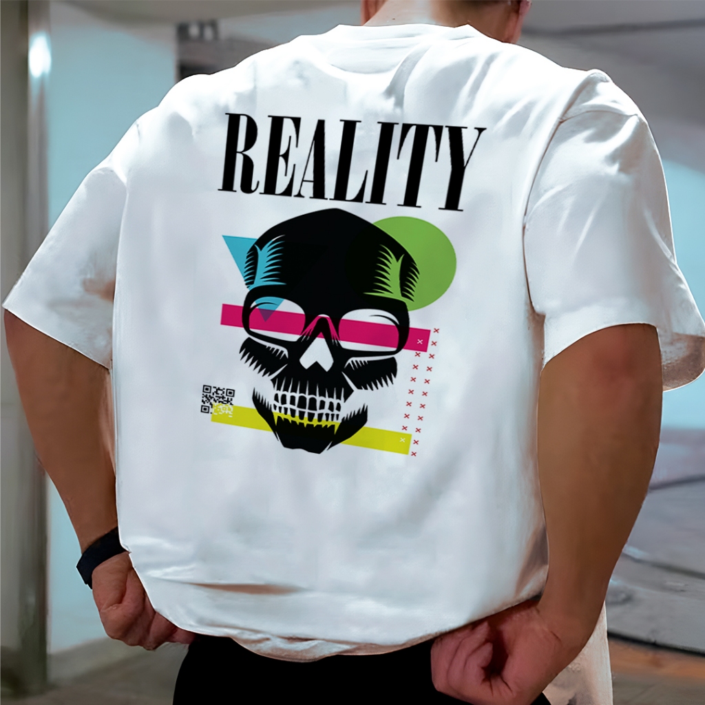 Camiseta Skull Reality Estampa Costas Caveira Streetwear Unissex Algodão Premium Casual Tendência