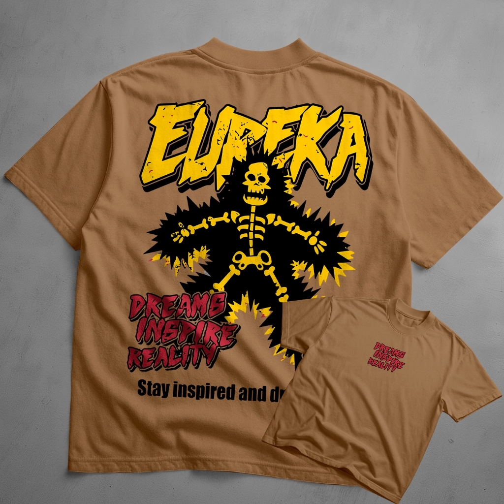 Camiseta Oversized Eureka Masculina Esqueleto Streetwear Dream Inspire Reality Estampa Grande Costas