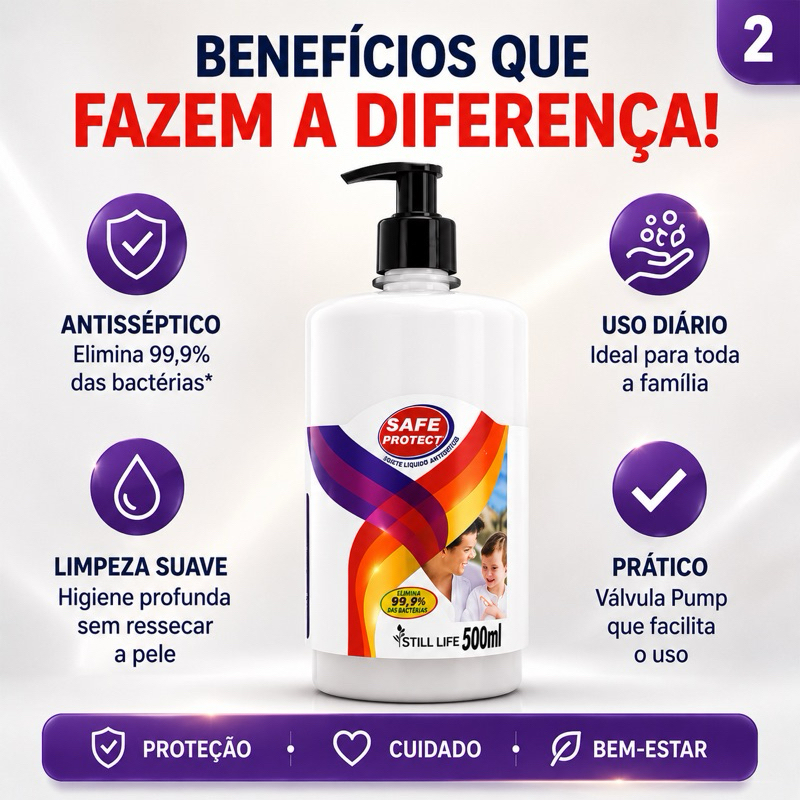 Sabonete Líquido Antisséptico 500ml Safe Protect Still Life com Válvula Pump Uso Diário