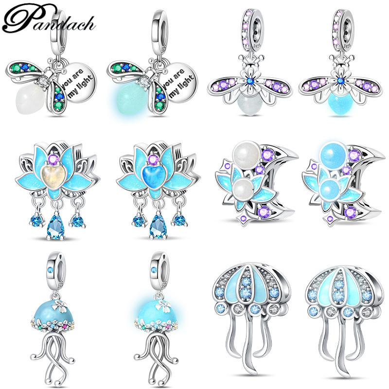 Berloques prata s925 pingente luminoso de mudança de cor Firefly Jellyfish Dijes Bead Gift
