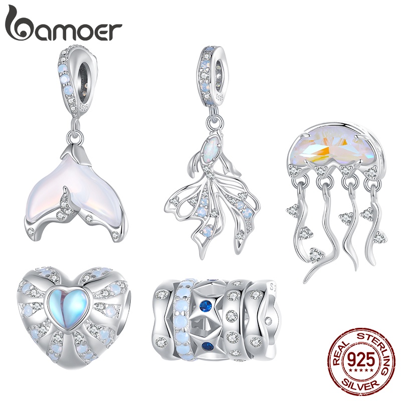 BAMOER 925 Silver Sterling Jellyfish Charme De Prata Da Série Oceano Contas Para Presentes