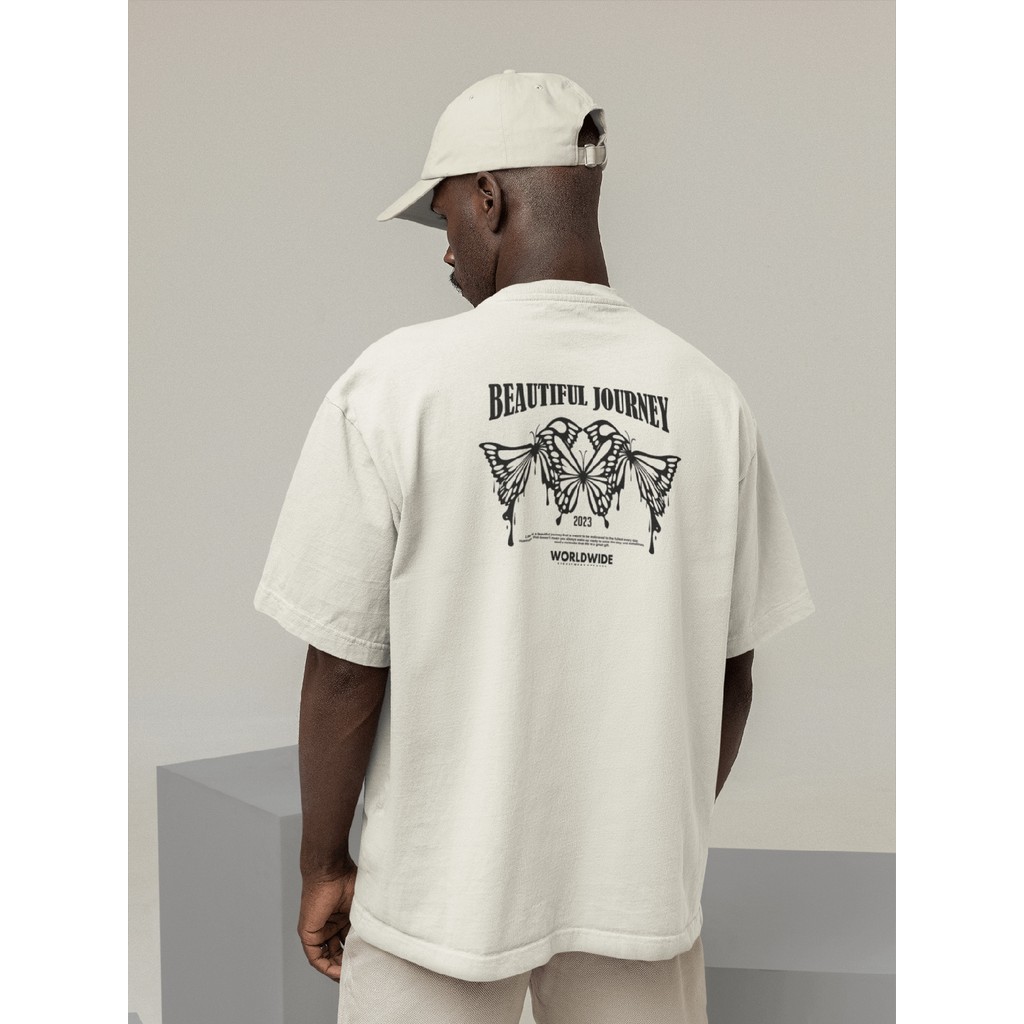 Camisa Camiseta Oversized Gola Alta Streetwear Masculino e Feminino 100% Algodão Preto e Off Whte - BEAUTIFUL JOURNEY