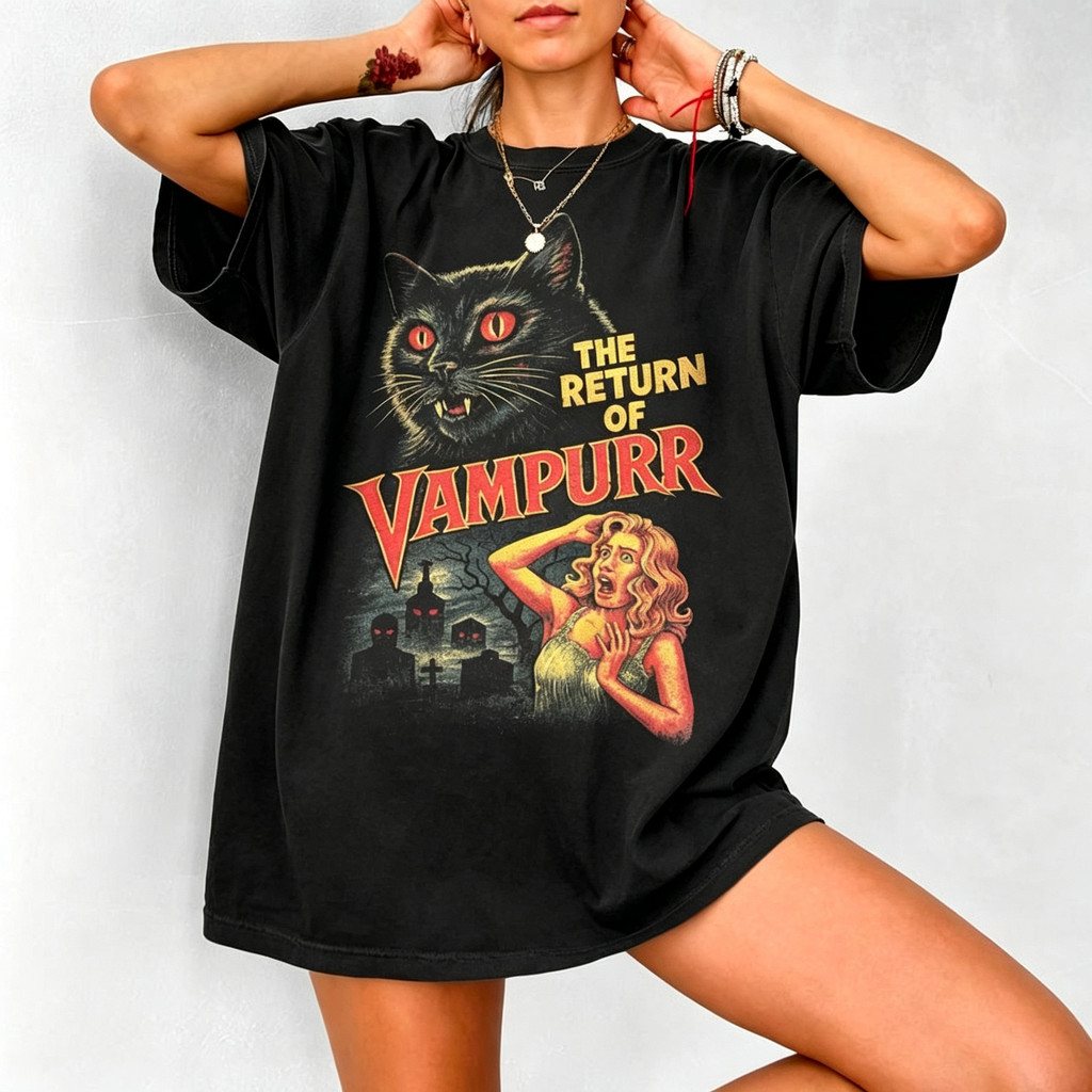 Camiseta Oversized Feminina De Algodão Preta, Estampa The Return Of Vampurr Gato Vampiro Retrô, Estilo Filme De Terror,