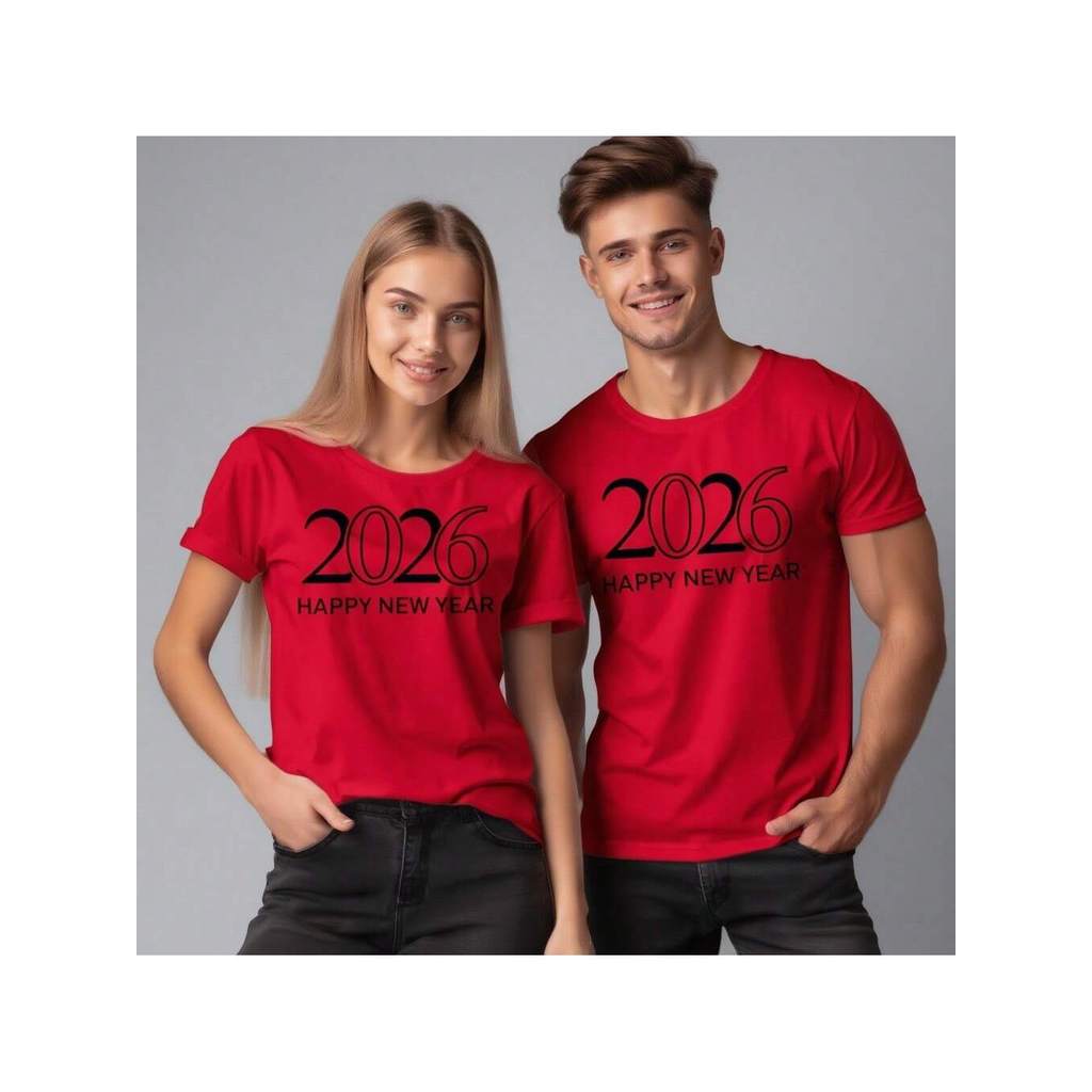Camiseta Happy New Year 2026 100% Algodão Gola Redonda Unissex Virada Do Ano Presente Casal Basica(Vermelho,GG)