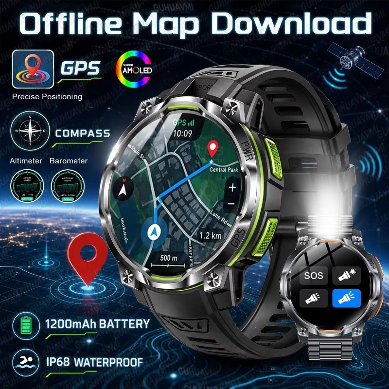 2026New Militar GPS Smartwatch 1200mAh Bateria Ao Ar Livre Offline Mapa Bússola IPX8 Lanterna À Prova Dwaterproof Água F